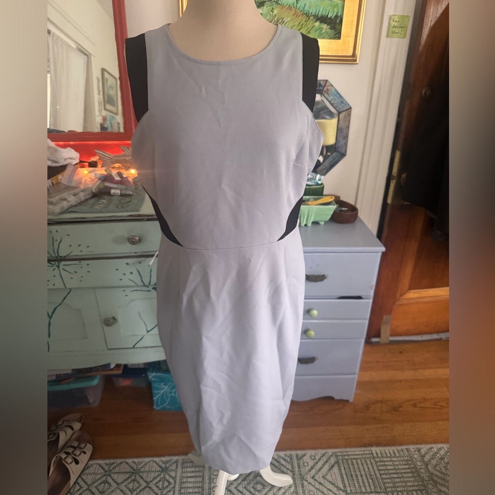 Kasper Sleeveless Midi Dress 10 Light Gray and Black Fully Lined Workwear VGUC